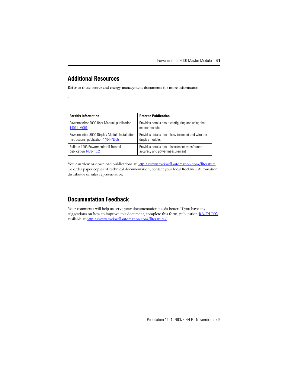 Additional resources, Documentation feedback | Rockwell Automation 1404-M4_M5_M6_M8 Powermonitor 3000 Master Module Installation Instructions User Manual | Page 61 / 64