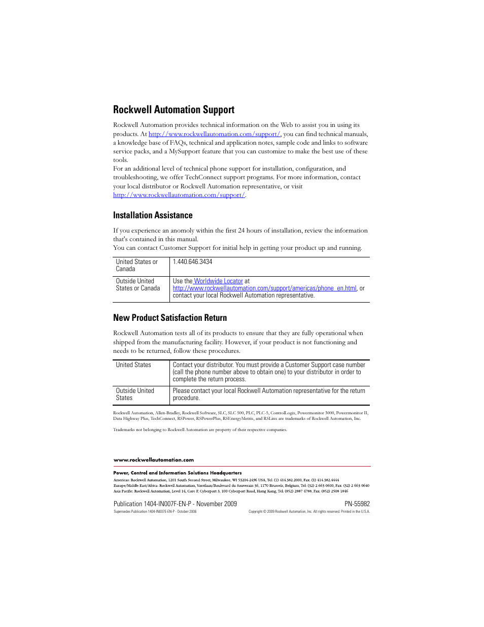 Back cover, Rockwell automation support, Installation assistance | New product satisfaction return | Rockwell Automation 1404-M4_M5_M6_M8 Powermonitor 3000 Master Module Installation Instructions User Manual | Page 64 / 64