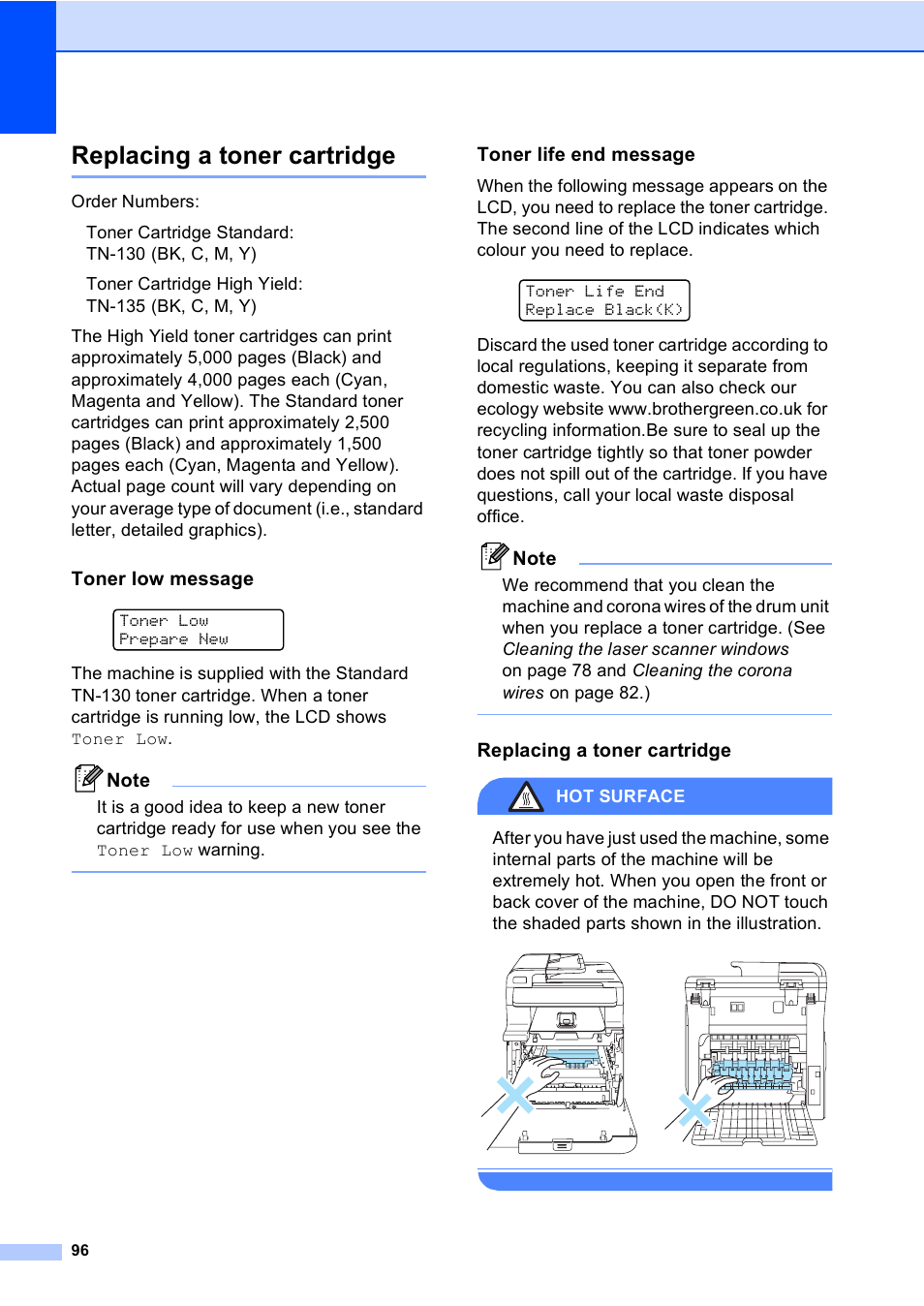 Replacing a toner cartridge, Toner low message, Toner life end message | Hot surface | Brother DCP9040CN User Manual | Page 104 / 158