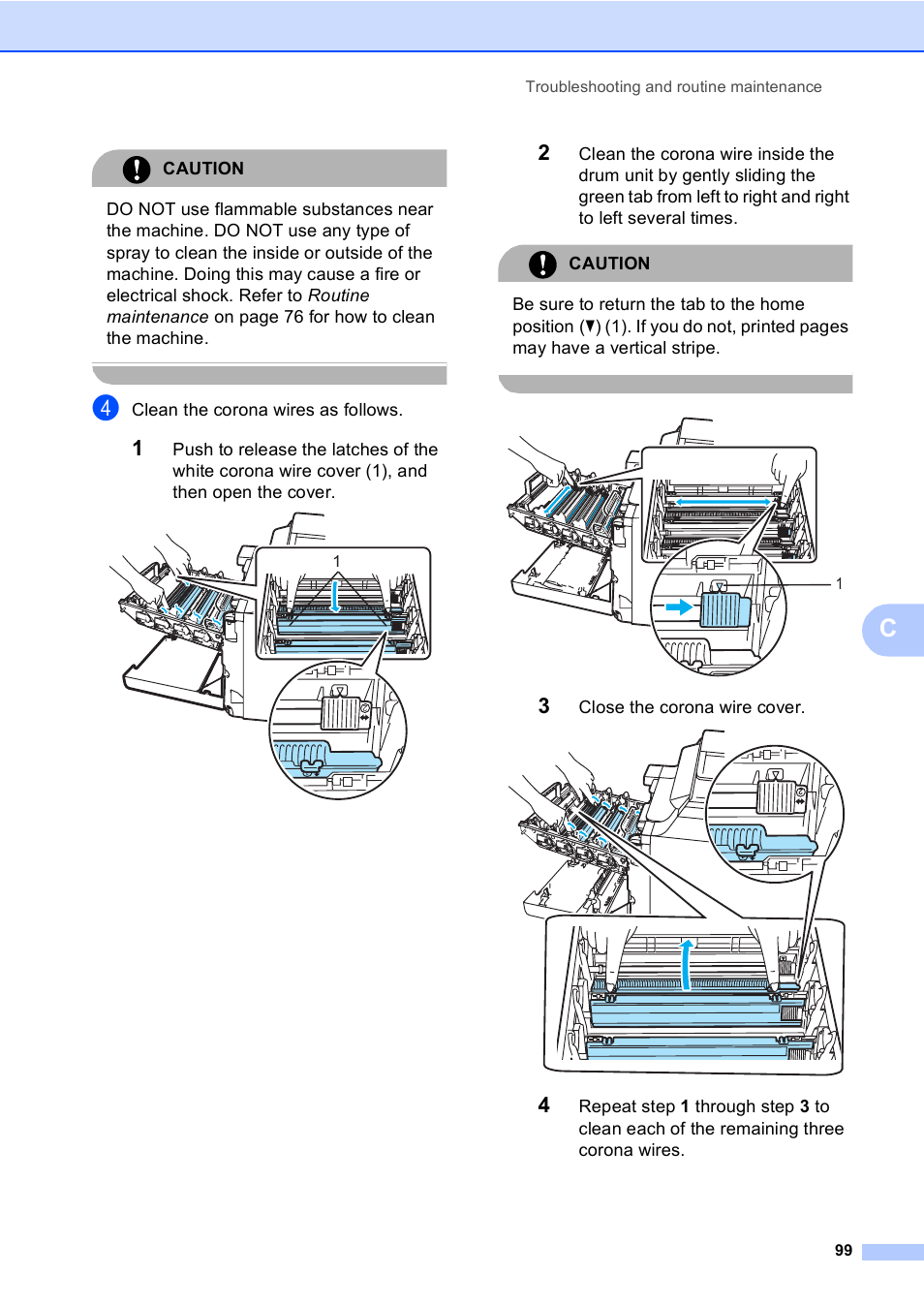 Caution, Clean the corona wires as follows, Close the corona wire cover | Brother DCP9040CN User Manual | Page 107 / 158