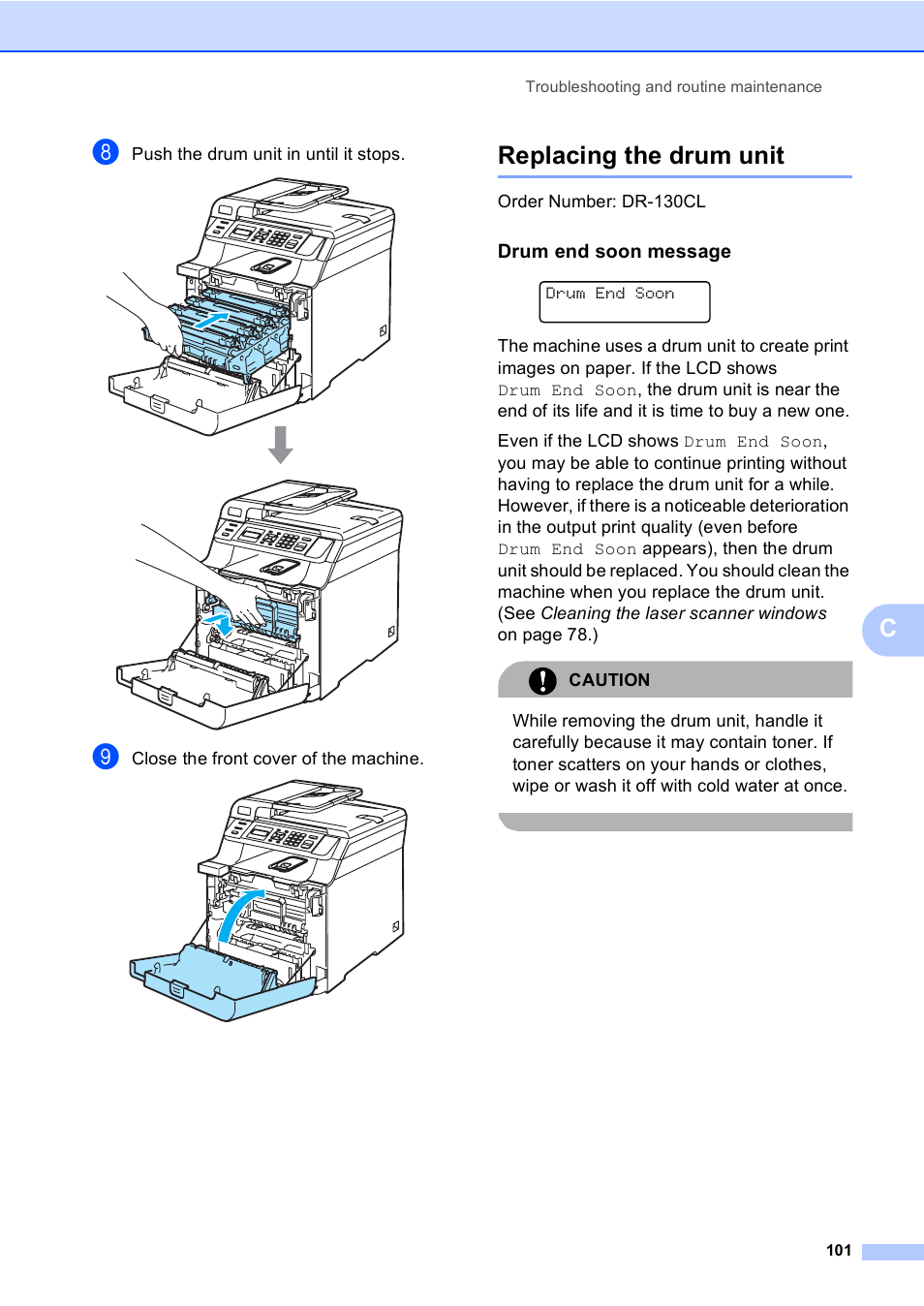 Replacing the drum unit, Drum end soon message | Brother DCP9040CN User Manual | Page 109 / 158