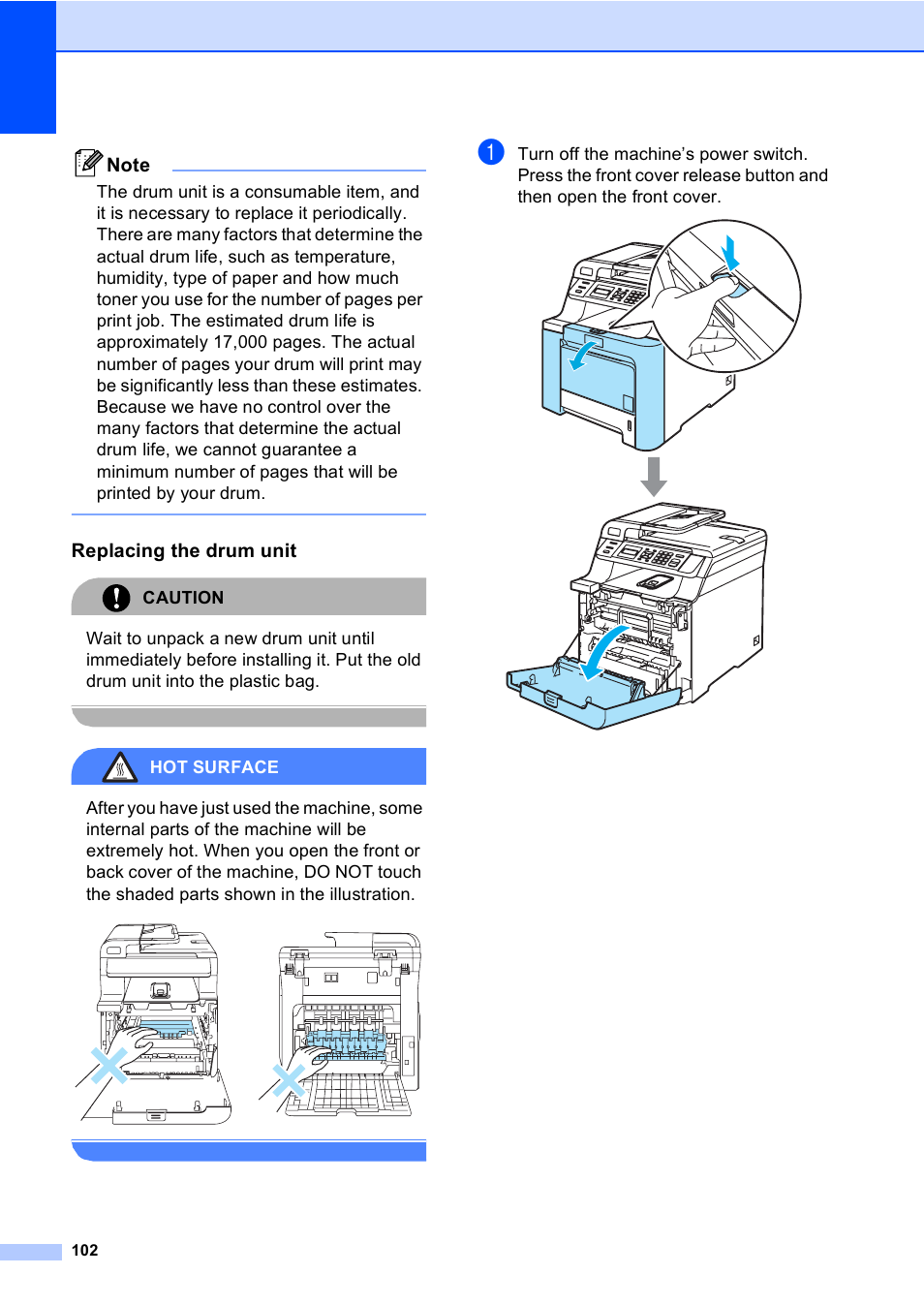 Replacing the drum unit, Caution, Hot surface | Brother DCP9040CN User Manual | Page 110 / 158