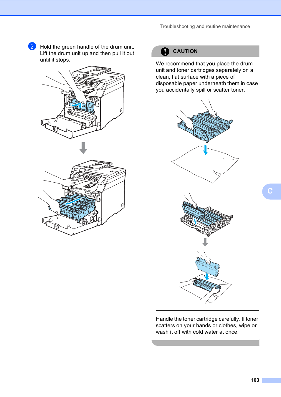 Caution, Troubleshooting and routine maintenance 103 | Brother DCP9040CN User Manual | Page 111 / 158