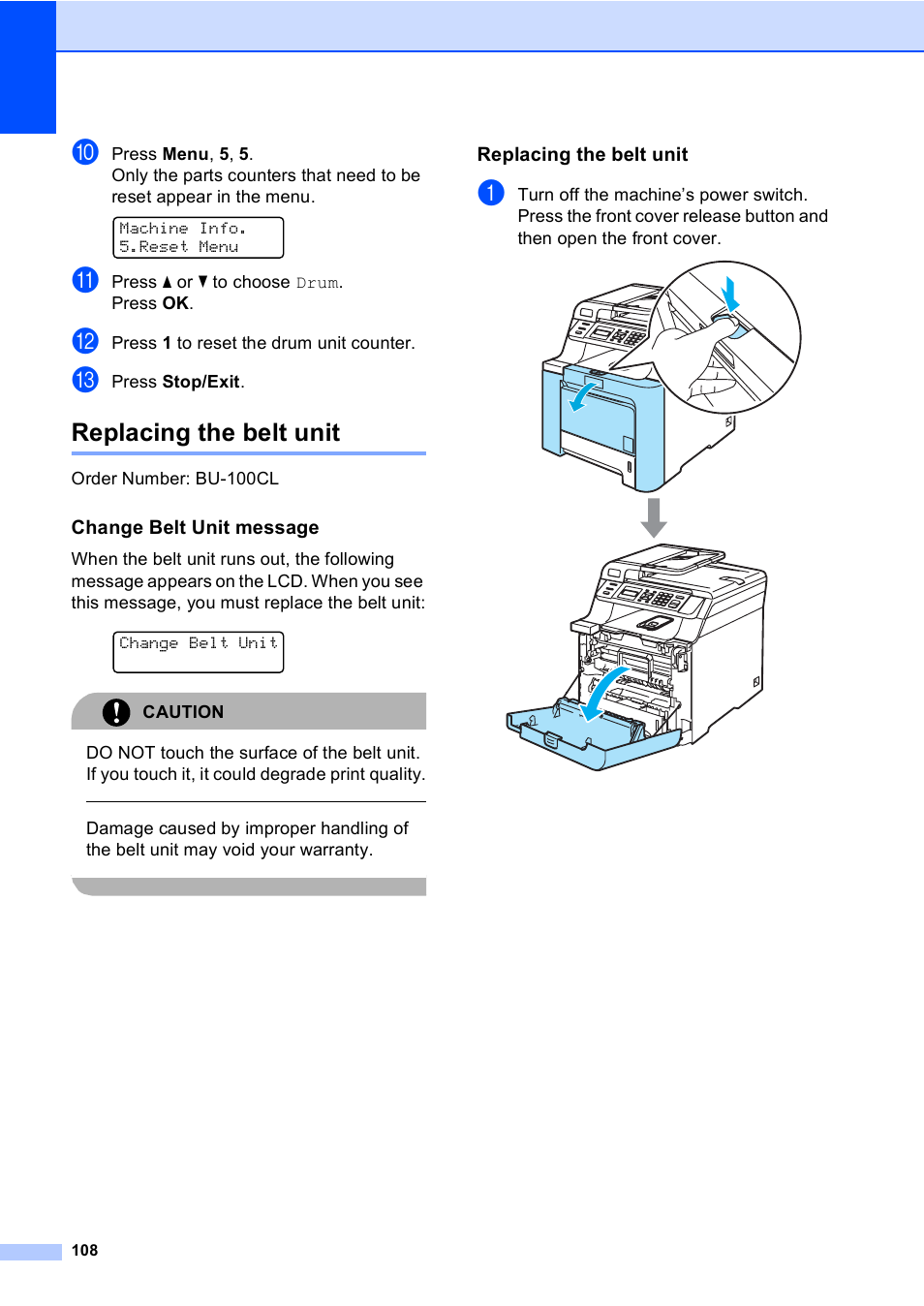 Replacing the belt unit, Change belt unit message | Brother DCP9040CN User Manual | Page 116 / 158