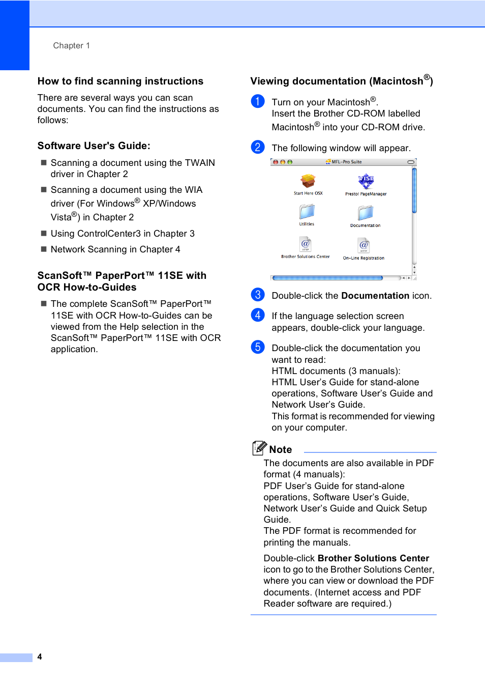 How to find scanning instructions, Software user's guide, Scansoft™ paperport™ 11se with ocr how-to-guides | Viewing documentation (macintosh®) | Brother DCP9040CN User Manual | Page 12 / 158