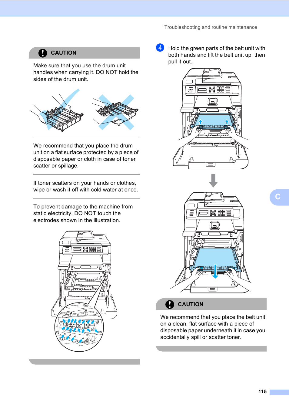 Caution, Troubleshooting and routine maintenance 115 | Brother DCP9040CN User Manual | Page 123 / 158