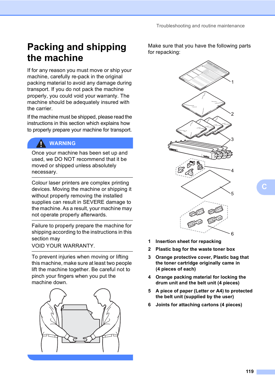 Packing and shipping the machine | Brother DCP9040CN User Manual | Page 127 / 158