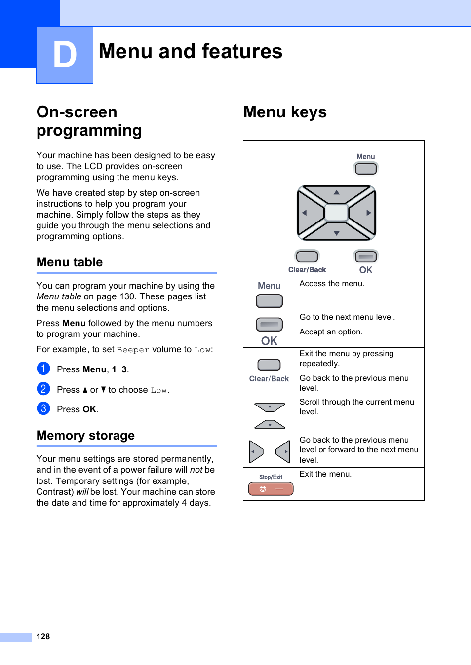 D menu and features, On-screen programming, Menu table | Memory storage, Menu keys, Menu and features, Menu table memory storage | Brother DCP9040CN User Manual | Page 136 / 158