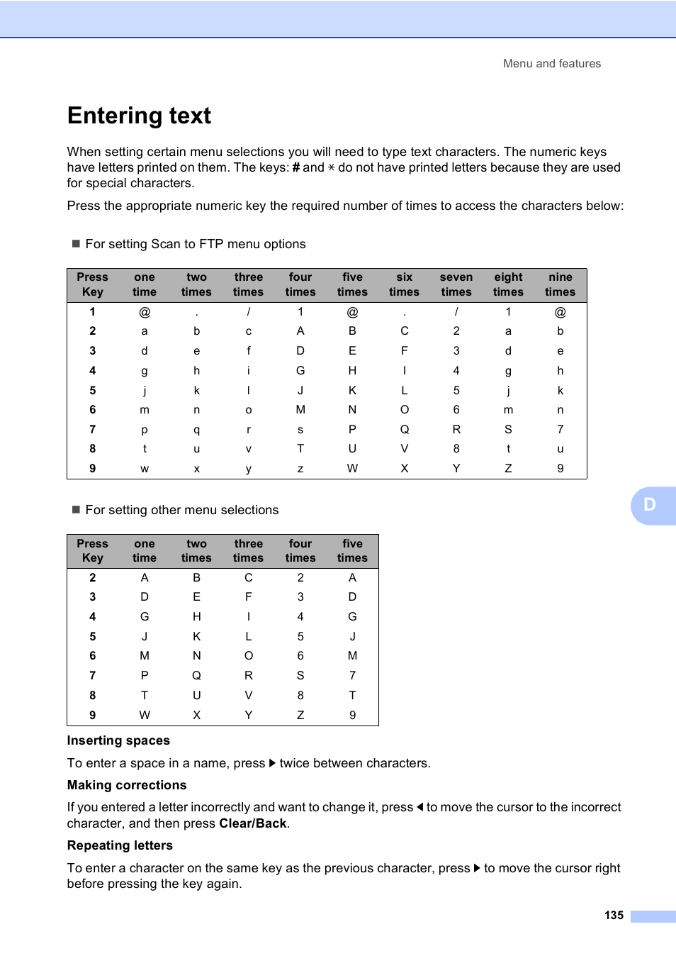 Entering text | Brother DCP9040CN User Manual | Page 143 / 158