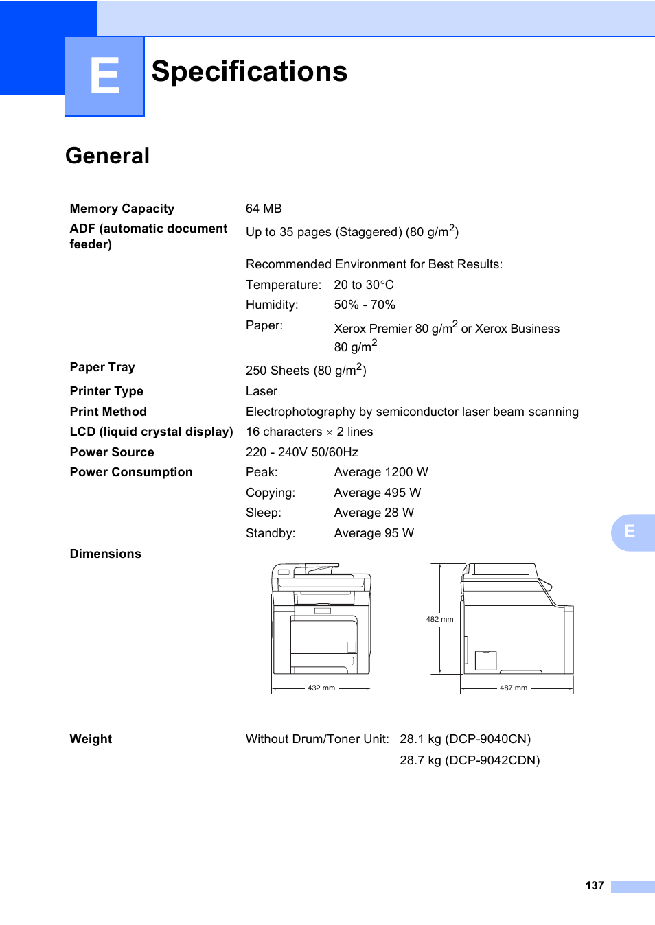 E specifications, General, Specifications | Brother DCP9040CN User Manual | Page 145 / 158