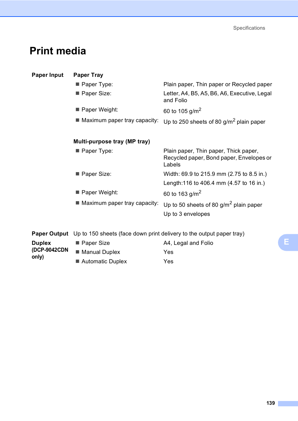 Print media | Brother DCP9040CN User Manual | Page 147 / 158