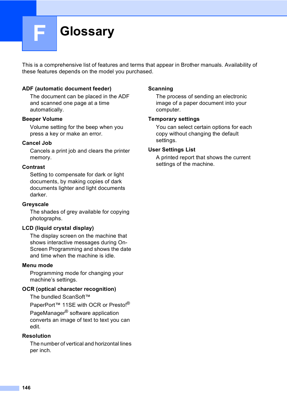 F glossary, Glossary | Brother DCP9040CN User Manual | Page 154 / 158