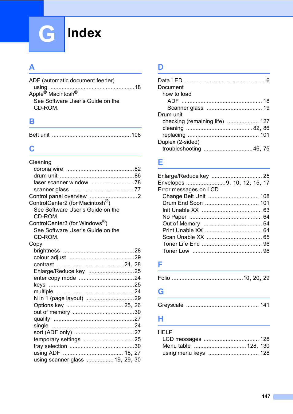 Index | Brother DCP9040CN User Manual | Page 155 / 158