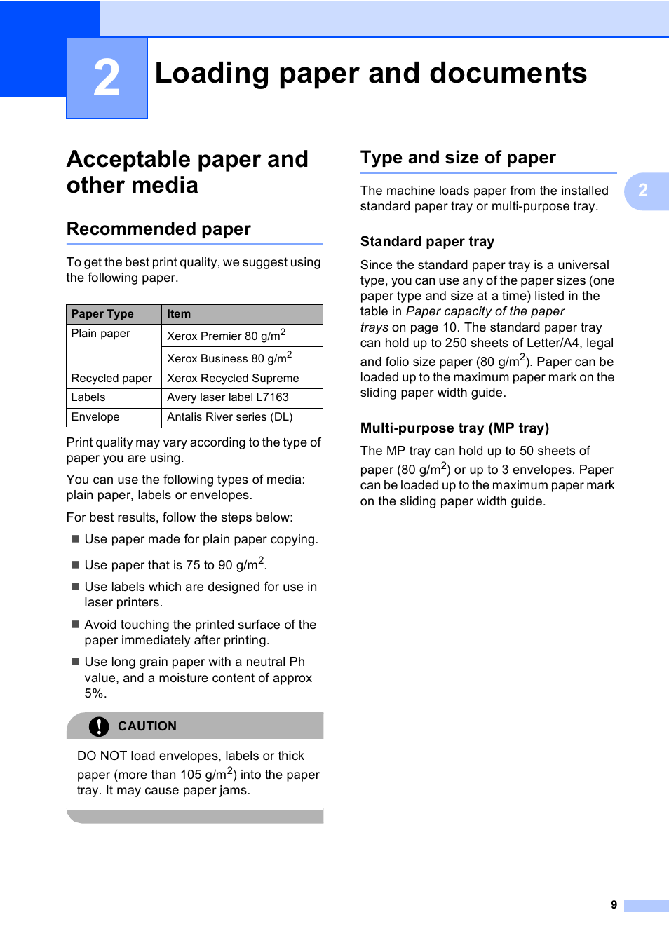 2 loading paper and documents, Acceptable paper and other media, Recommended paper | Type and size of paper, Standard paper tray, Multi-purpose tray (mp tray), Loading paper and documents, Recommended paper type and size of paper | Brother DCP9040CN User Manual | Page 17 / 158