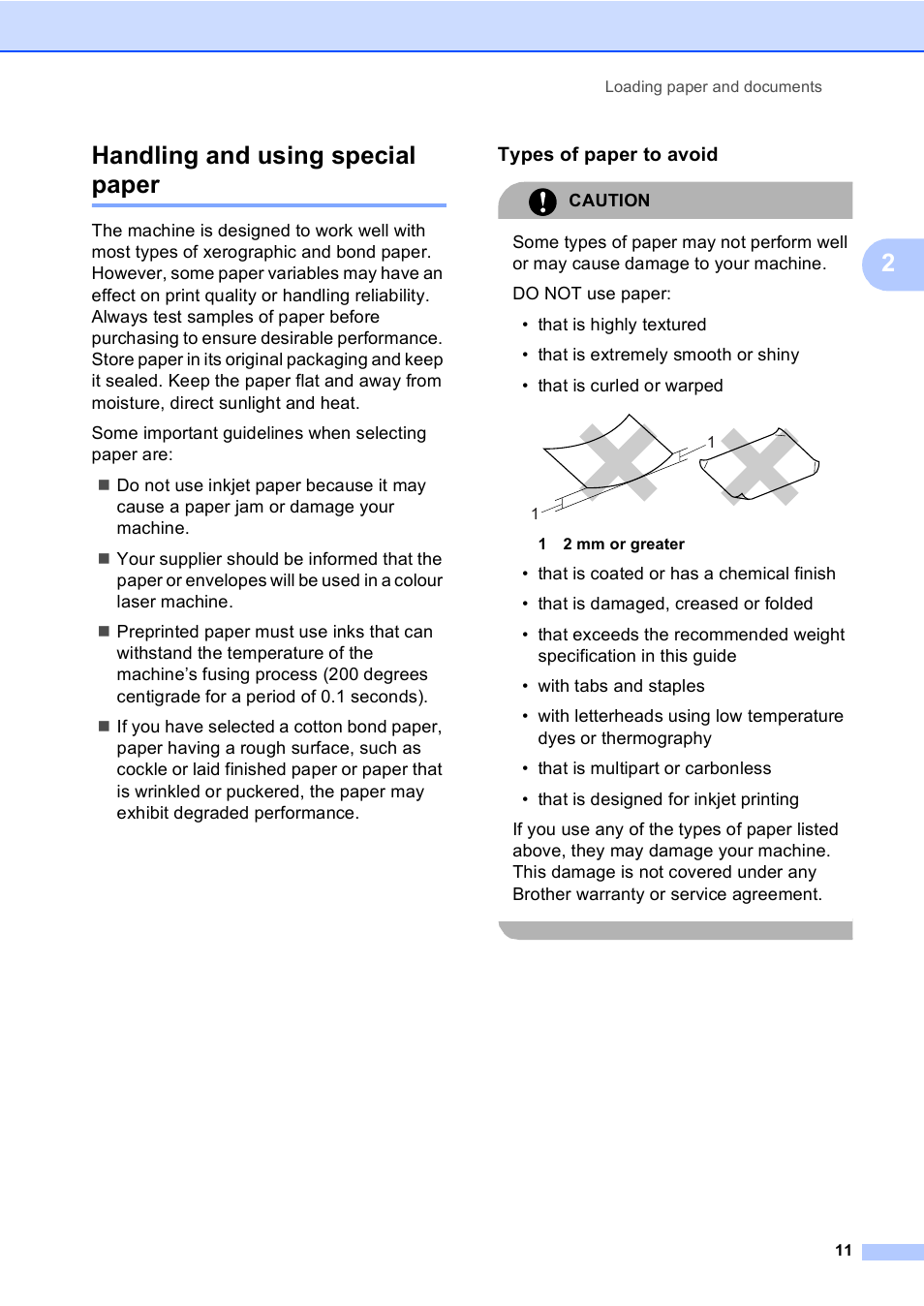 Handling and using special paper, Types of paper to avoid, 2handling and using special paper | Brother DCP9040CN User Manual | Page 19 / 158