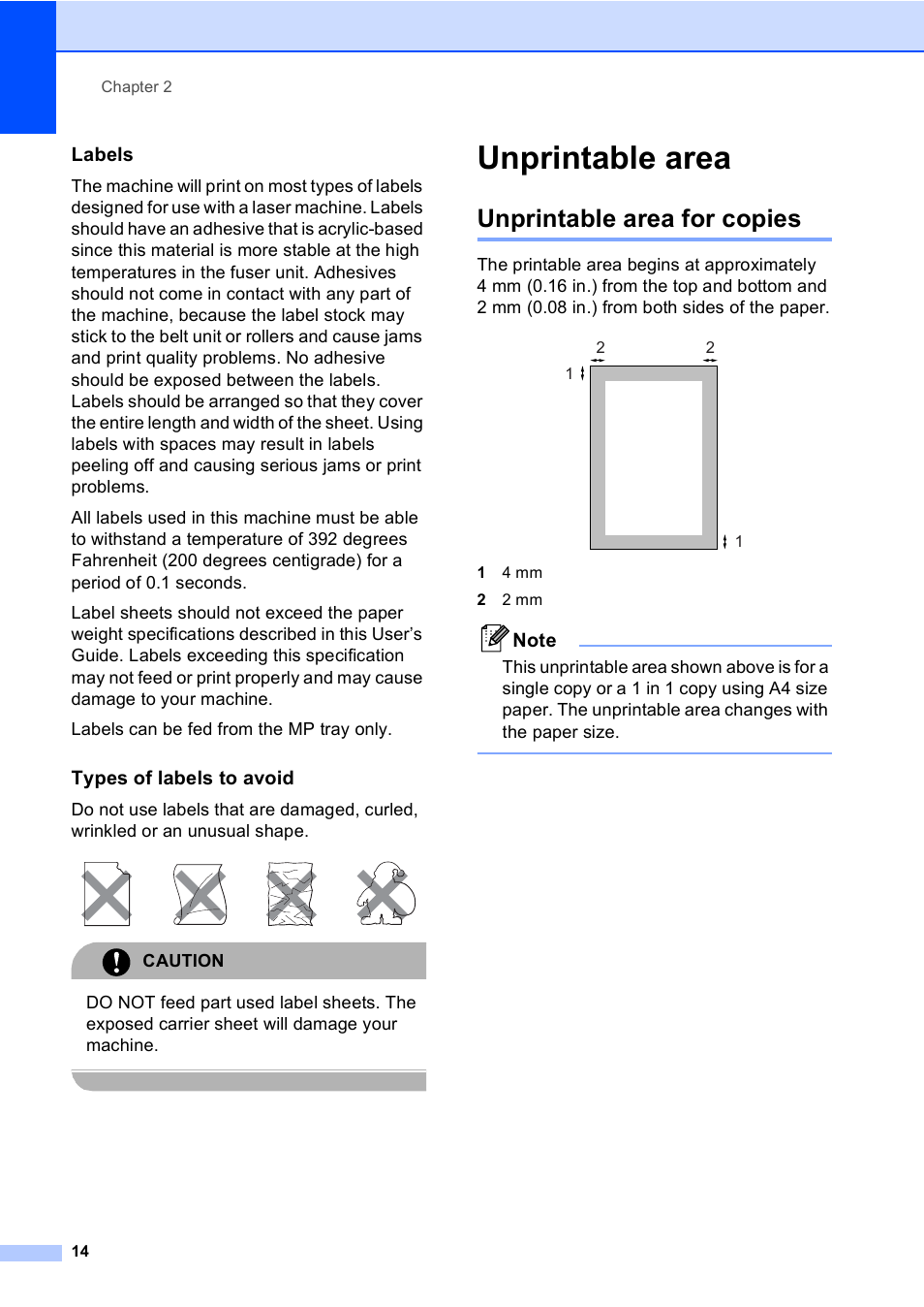 Labels, Types of labels to avoid, Unprintable area | Unprintable area for copies, Caution | Brother DCP9040CN User Manual | Page 22 / 158