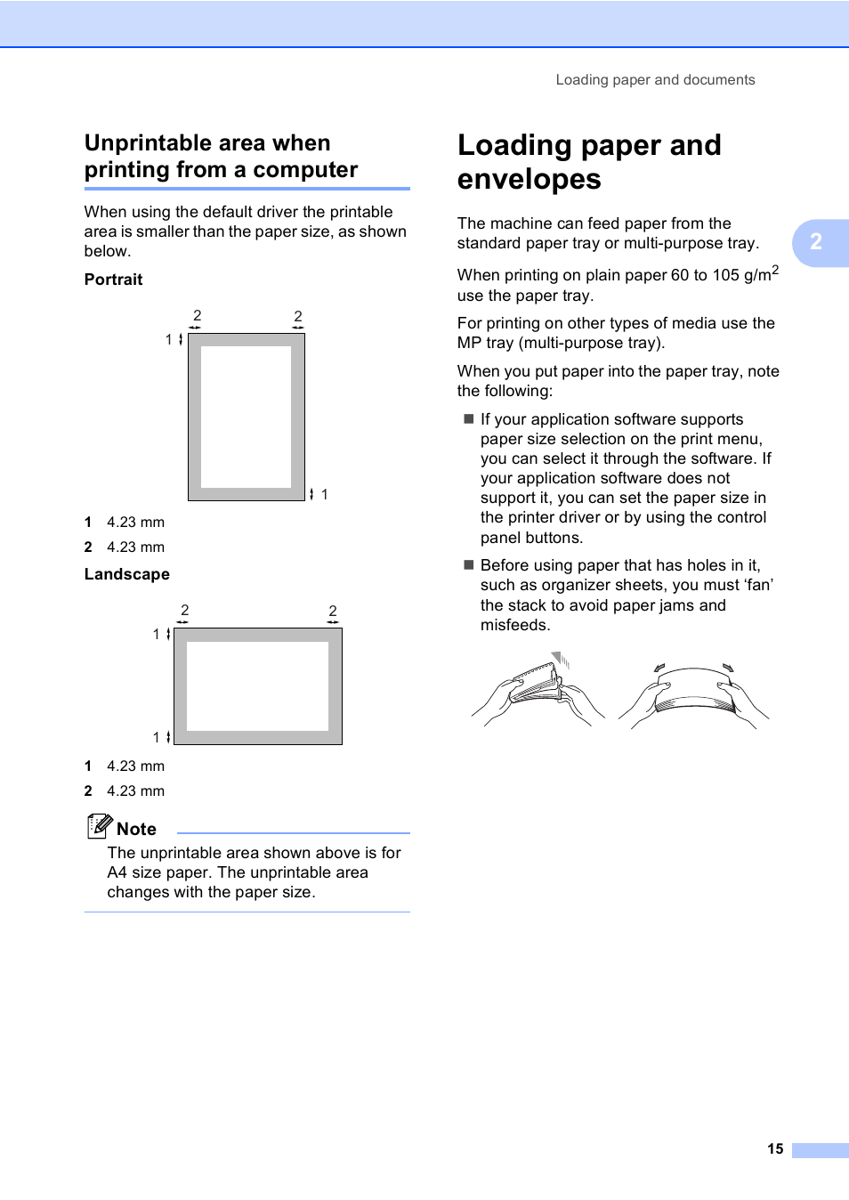 Unprintable area when printing from a computer, Loading paper and envelopes, 2unprintable area when printing from a computer | Brother DCP9040CN User Manual | Page 23 / 158