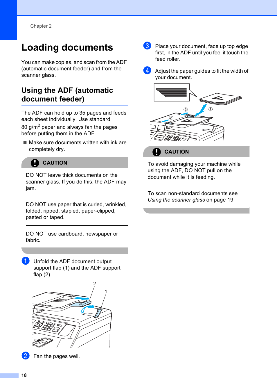 Loading documents, Using the adf (automatic document feeder), Do not use cardboard, newspaper or fabric | Fan the pages well, Caution | Brother DCP9040CN User Manual | Page 26 / 158