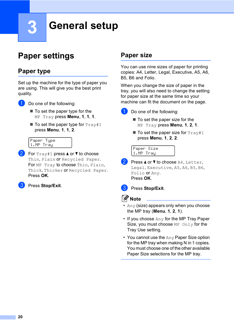 3 general setup, Paper settings, Paper type | Paper size, General setup, Paper type paper size | Brother DCP9040CN User Manual | Page 28 / 158