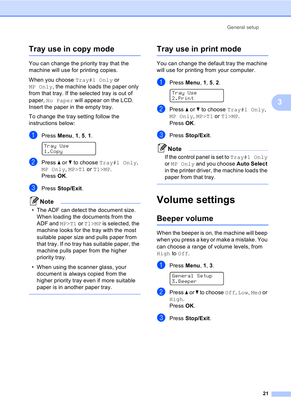 Tray use in copy mode, Tray use in print mode, Volume settings | Beeper volume, Tray use in copy mode tray use in print mode, 3tray use in copy mode | Brother DCP9040CN User Manual | Page 29 / 158