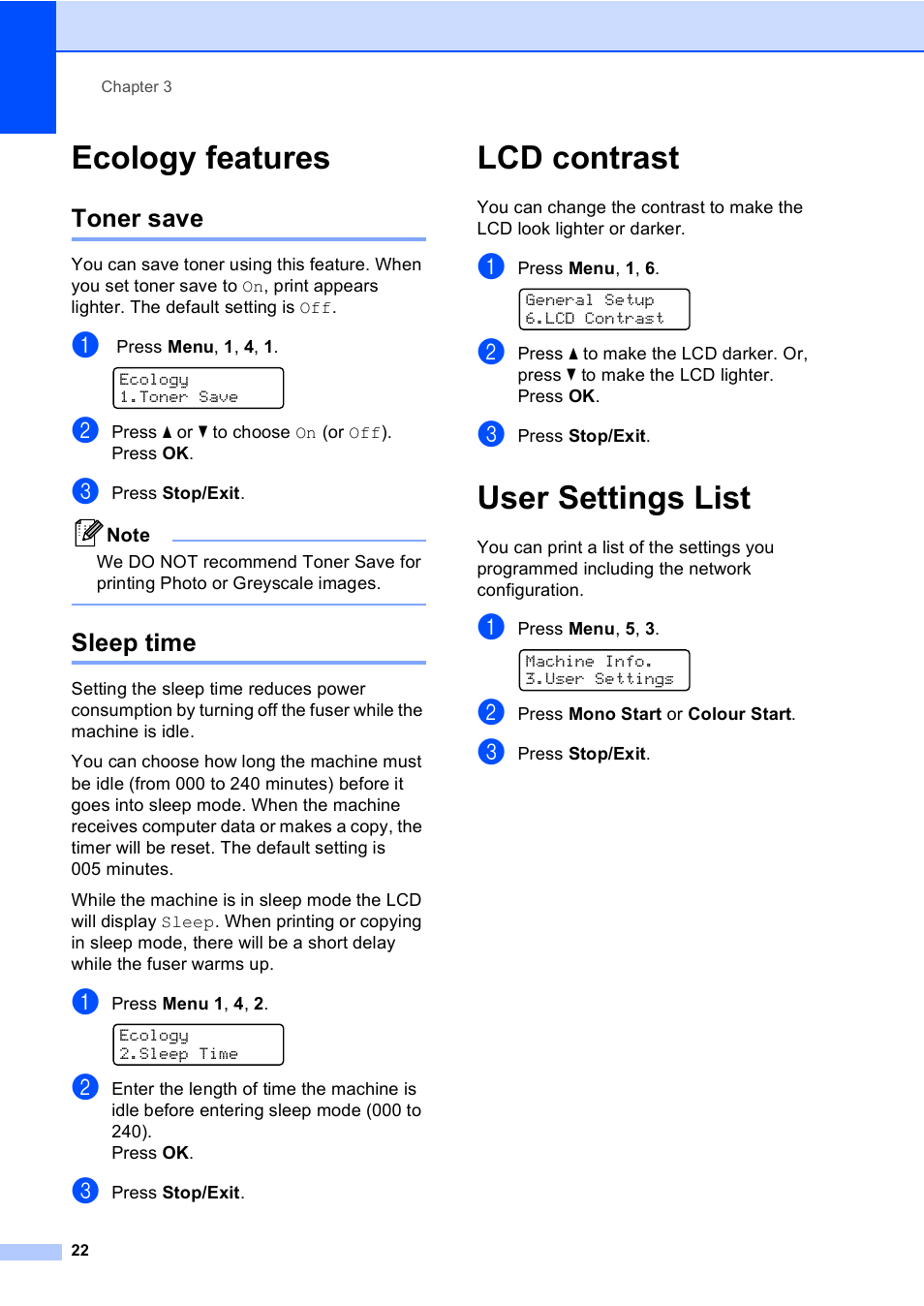 Ecology features, Toner save, Sleep time | Lcd contrast, User settings list, Toner save sleep time, Lcd contrast user settings list | Brother DCP9040CN User Manual | Page 30 / 158