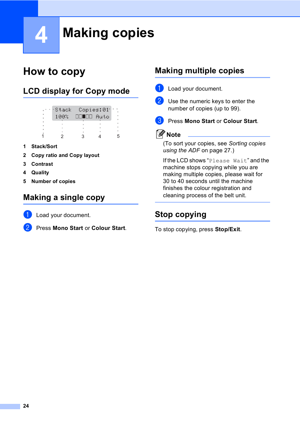 4 making copies, How to copy, Lcd display for copy mode | Making a single copy, Making multiple copies, Stop copying, Making copies | Brother DCP9040CN User Manual | Page 32 / 158