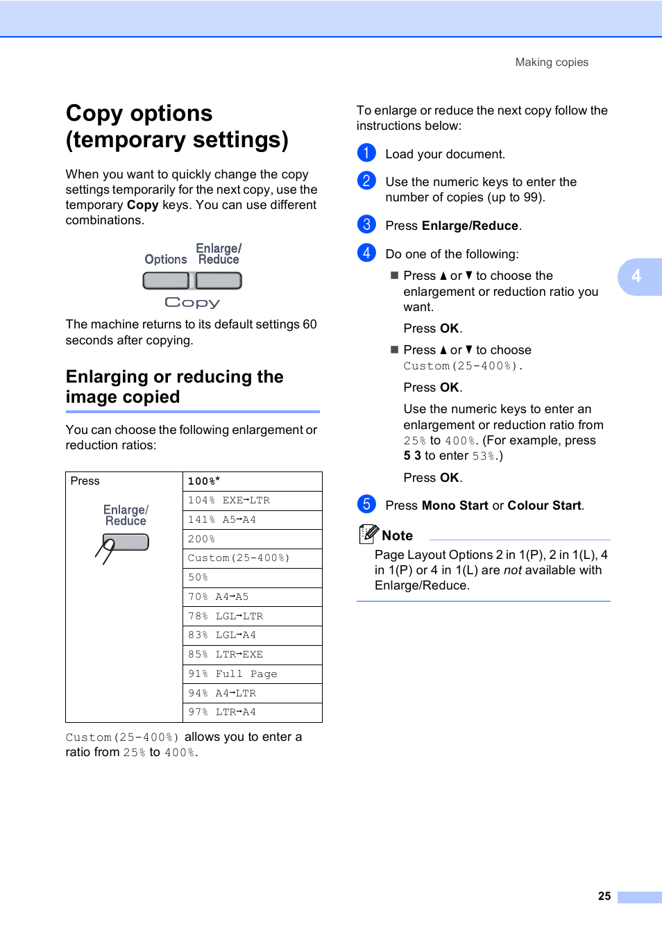 Copy options (temporary settings), Enlarging or reducing the image copied | Brother DCP9040CN User Manual | Page 33 / 158