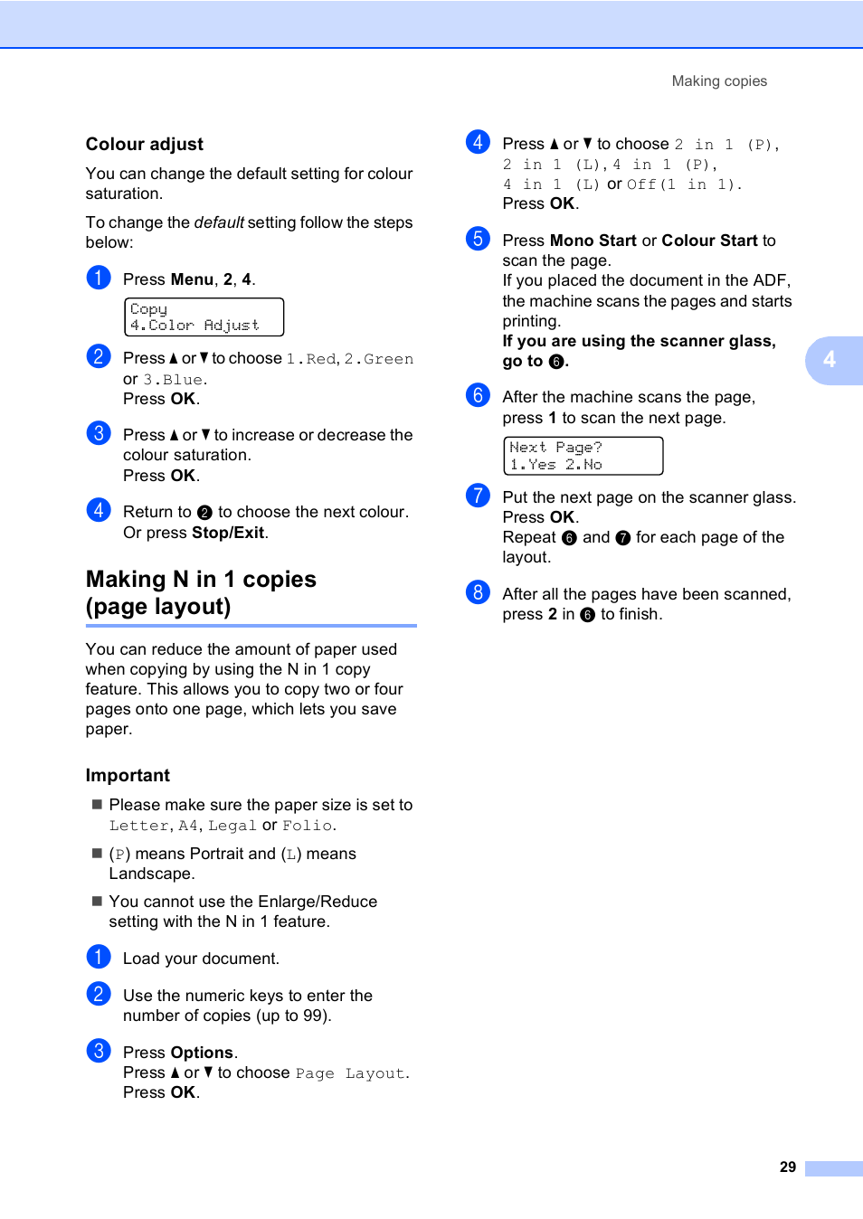 Colour adjust, Important, Making n in 1 copies (page layout) | Brother DCP9040CN User Manual | Page 37 / 158