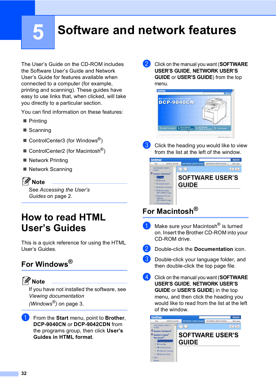 5 software and network features, How to read html user’s guides, For windows | For macintosh, Software and network features | Brother DCP9040CN User Manual | Page 40 / 158