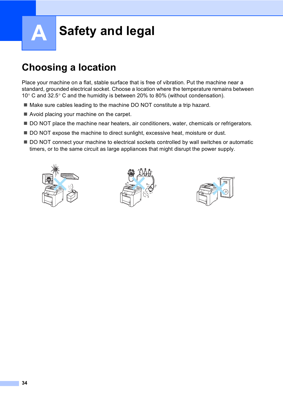 A safety and legal, Choosing a location, Safety and legal | Brother DCP9040CN User Manual | Page 42 / 158