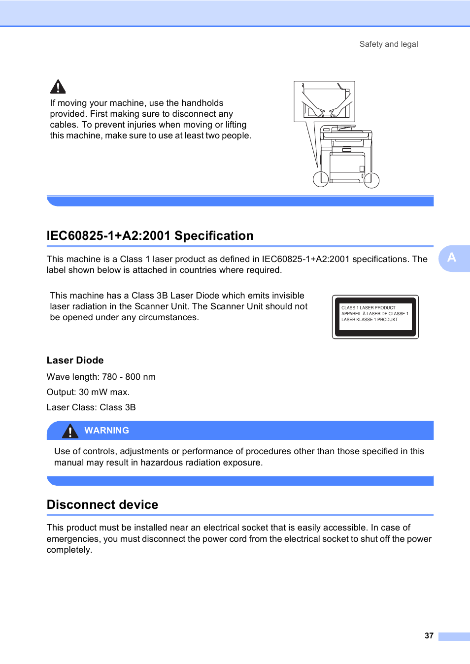 Iec60825-1+a2:2001 specification, Disconnect device, Iec60825-1+a2:2001 specification disconnect device | Laser diode | Brother DCP9040CN User Manual | Page 45 / 158