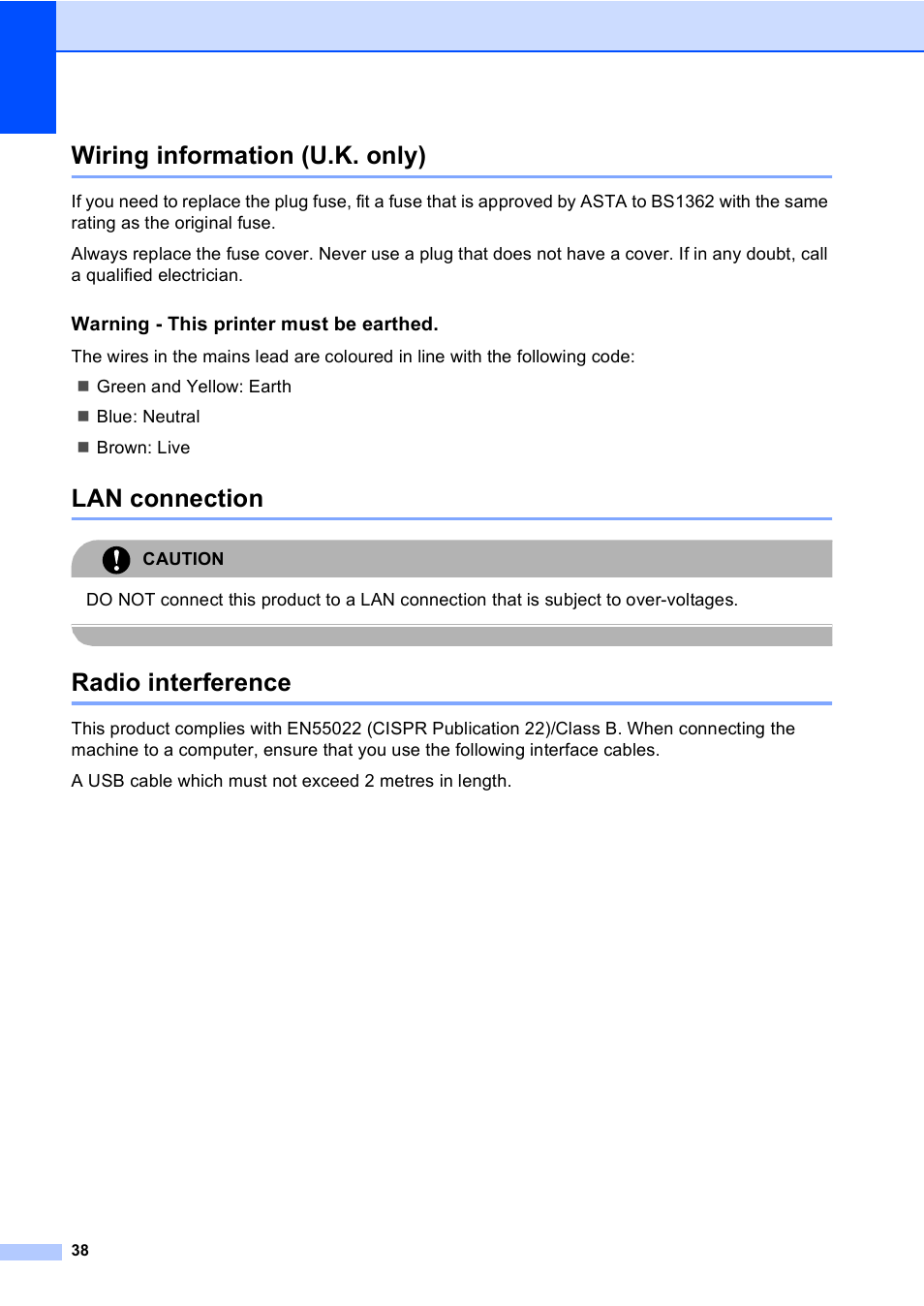 Wiring information (u.k. only), Warning - this printer must be earthed, Lan connection | Radio interference | Brother DCP9040CN User Manual | Page 46 / 158