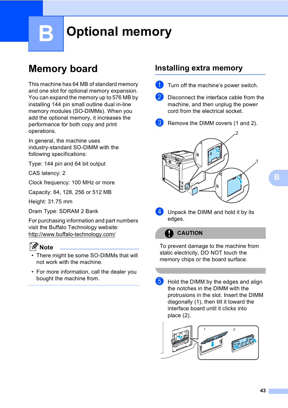 B optional memory, Memory board, Installing extra memory | Optional memory | Brother DCP9040CN User Manual | Page 51 / 158