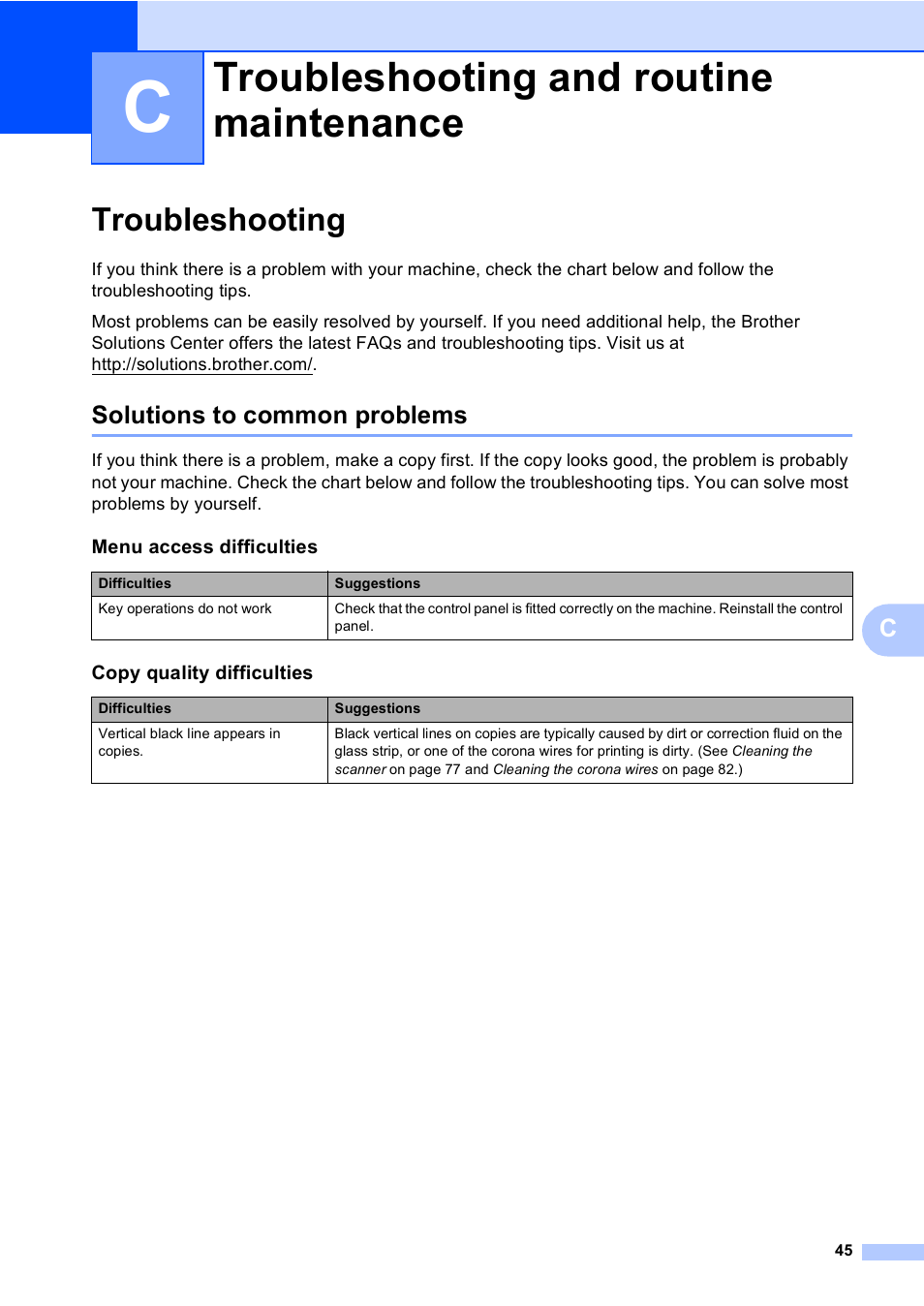 C troubleshooting and routine maintenance, Troubleshooting, Solutions to common problems | Troubleshooting and routine maintenance | Brother DCP9040CN User Manual | Page 53 / 158