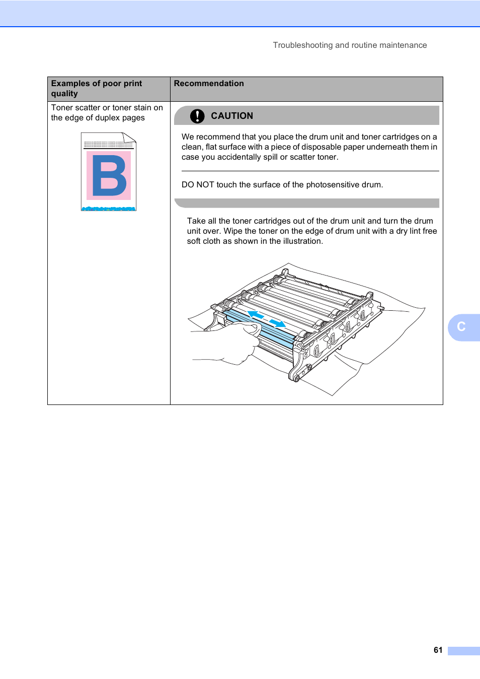 Caution, Troubleshooting and routine maintenance 61, Examples of poor print quality recommendation | Brother DCP9040CN User Manual | Page 69 / 158