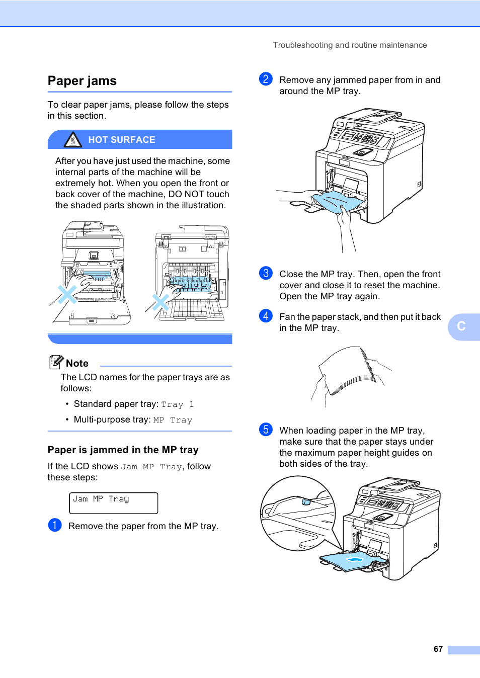 Paper jams, Paper is jammed in the mp tray, Cpaper jams | Brother DCP9040CN User Manual | Page 75 / 158