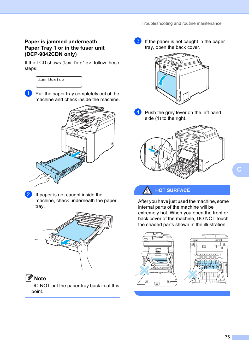 If the lcd shows jam duplex, follow these steps, Jam duplex, Do not put the paper tray back in at this point | Hot surface | Brother DCP9040CN User Manual | Page 83 / 158