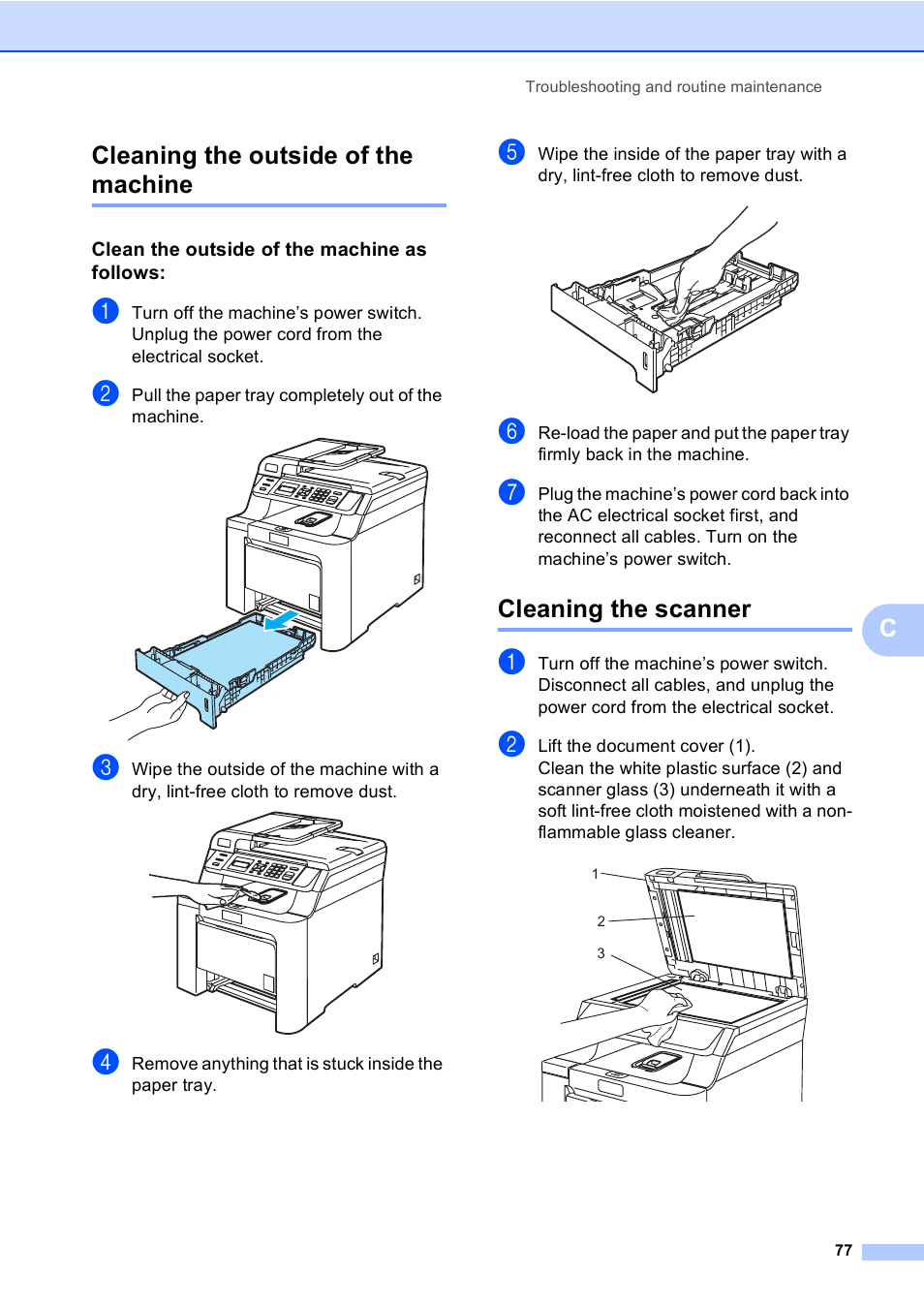 Cleaning the outside of the machine, Clean the outside of the machine as follows, Cleaning the scanner | Ccleaning the outside of the machine | Brother DCP9040CN User Manual | Page 85 / 158