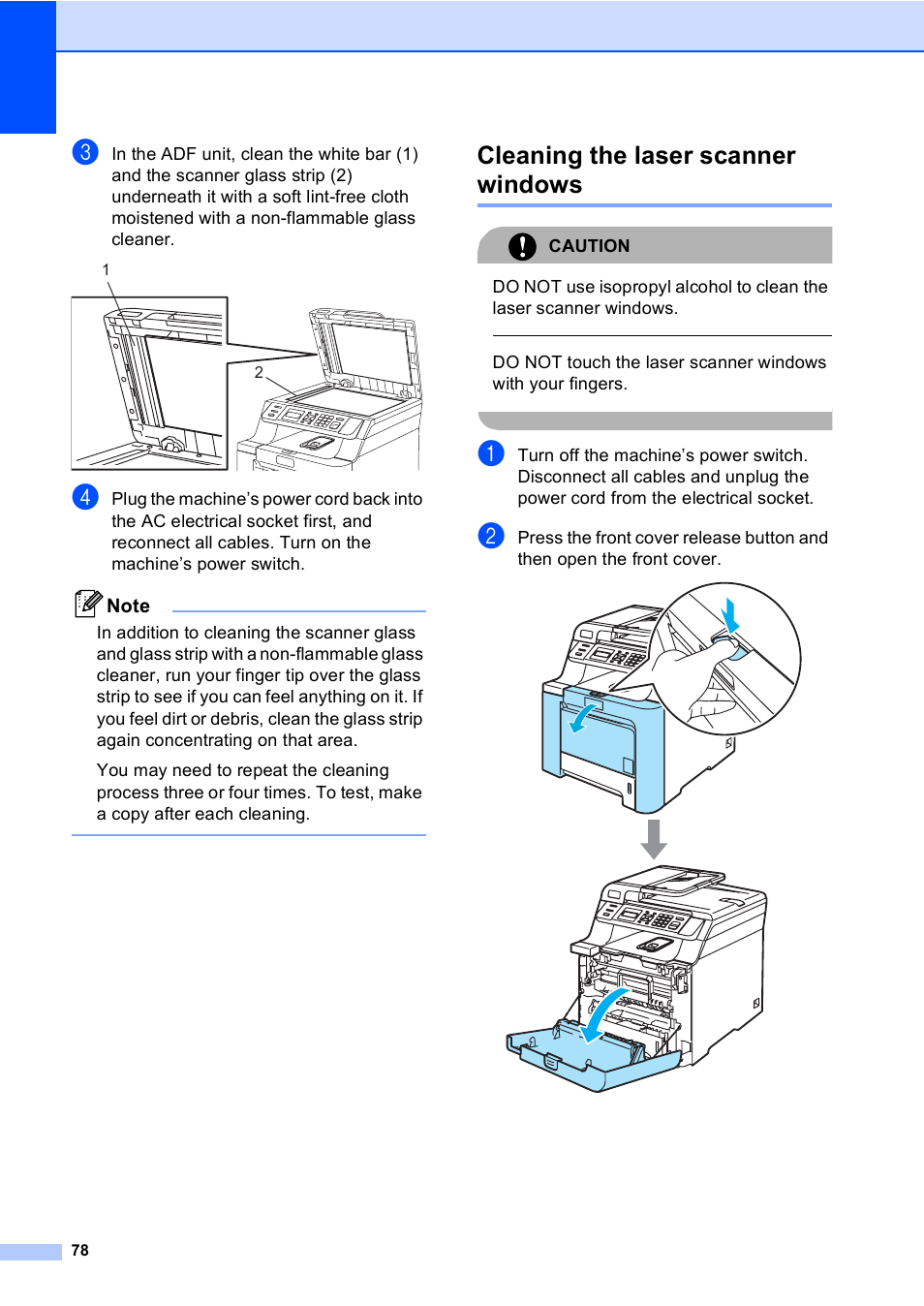 Cleaning the laser scanner windows | Brother DCP9040CN User Manual | Page 86 / 158