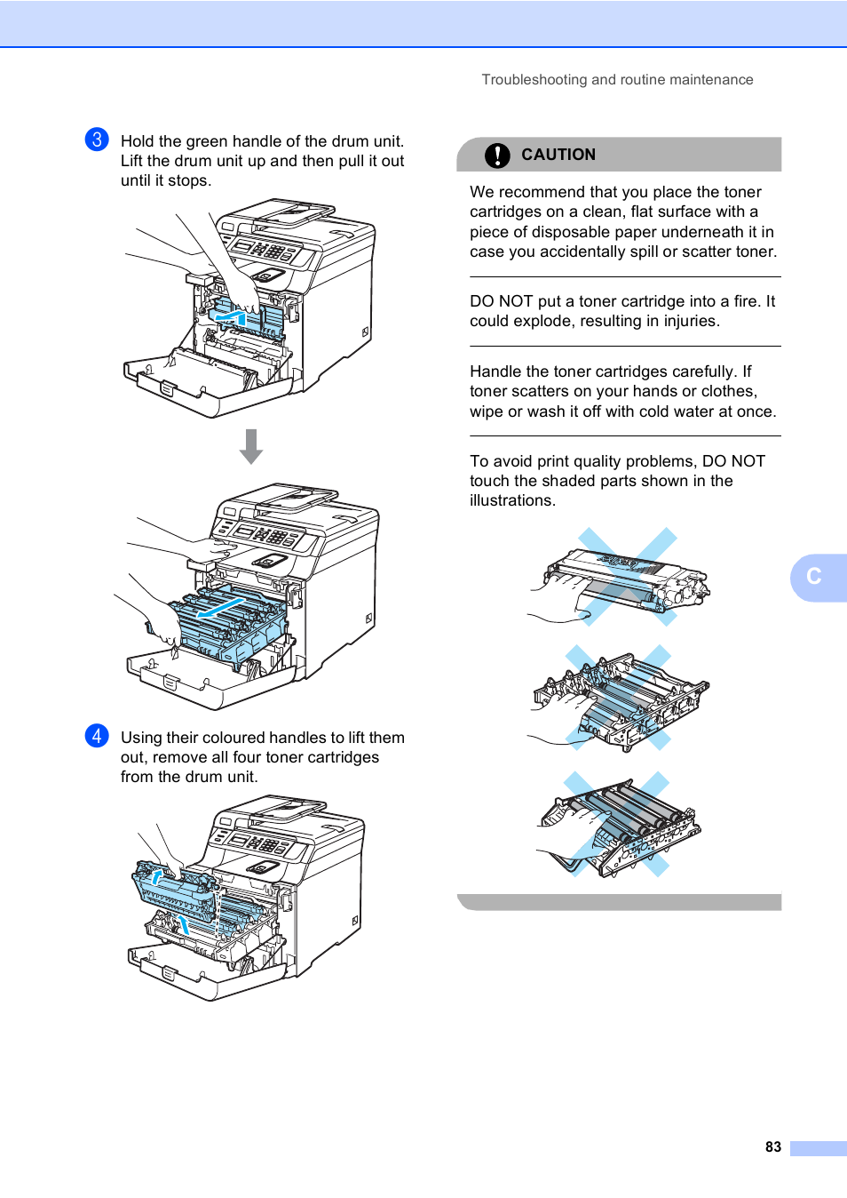 Caution, Troubleshooting and routine maintenance 83 | Brother DCP9040CN User Manual | Page 91 / 158