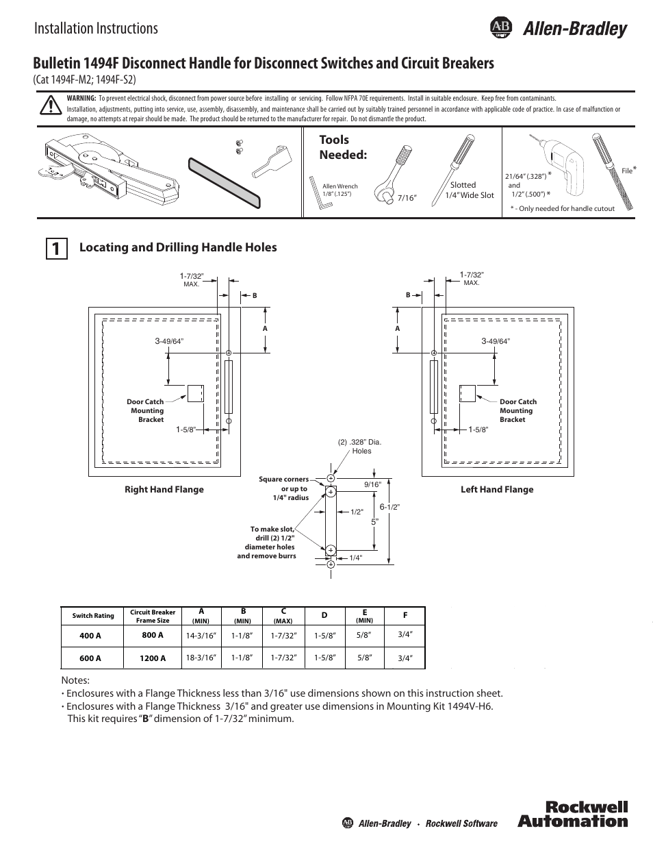 Rockwell Automation 1494F-M2_S2 Disconnect Handle for Disconnect Switches and Circuit Breakers User Manual | 2 pages