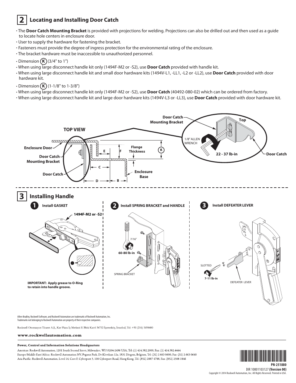 Locating and installing door catch, Installing handle | Rockwell Automation 1494F-M2_S2 Disconnect Handle for Disconnect Switches and Circuit Breakers User Manual | Page 2 / 2