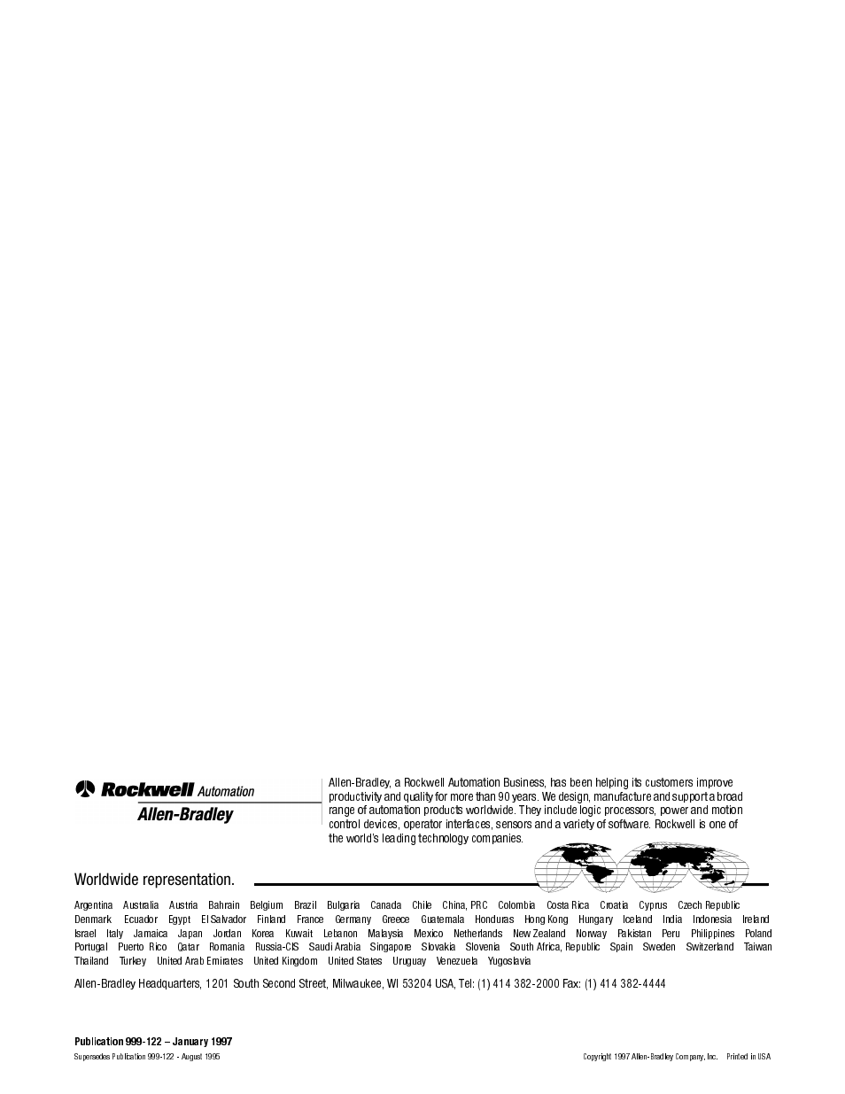 Worldwide representation | Rockwell Automation 999 IMC S Class Compact Motion Controller (Cat. No. 4100-999-122) User Manual | Page 190 / 190