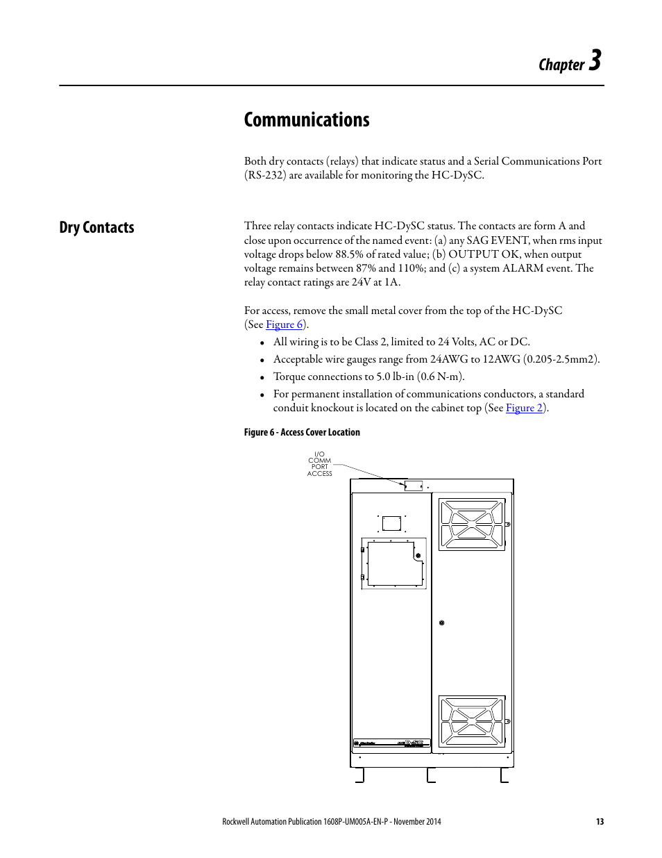 Communications, Chapter, Dry contacts | Rockwell Automation 1608P-200A480V... HC-DySC User Manual User Manual | Page 13 / 45