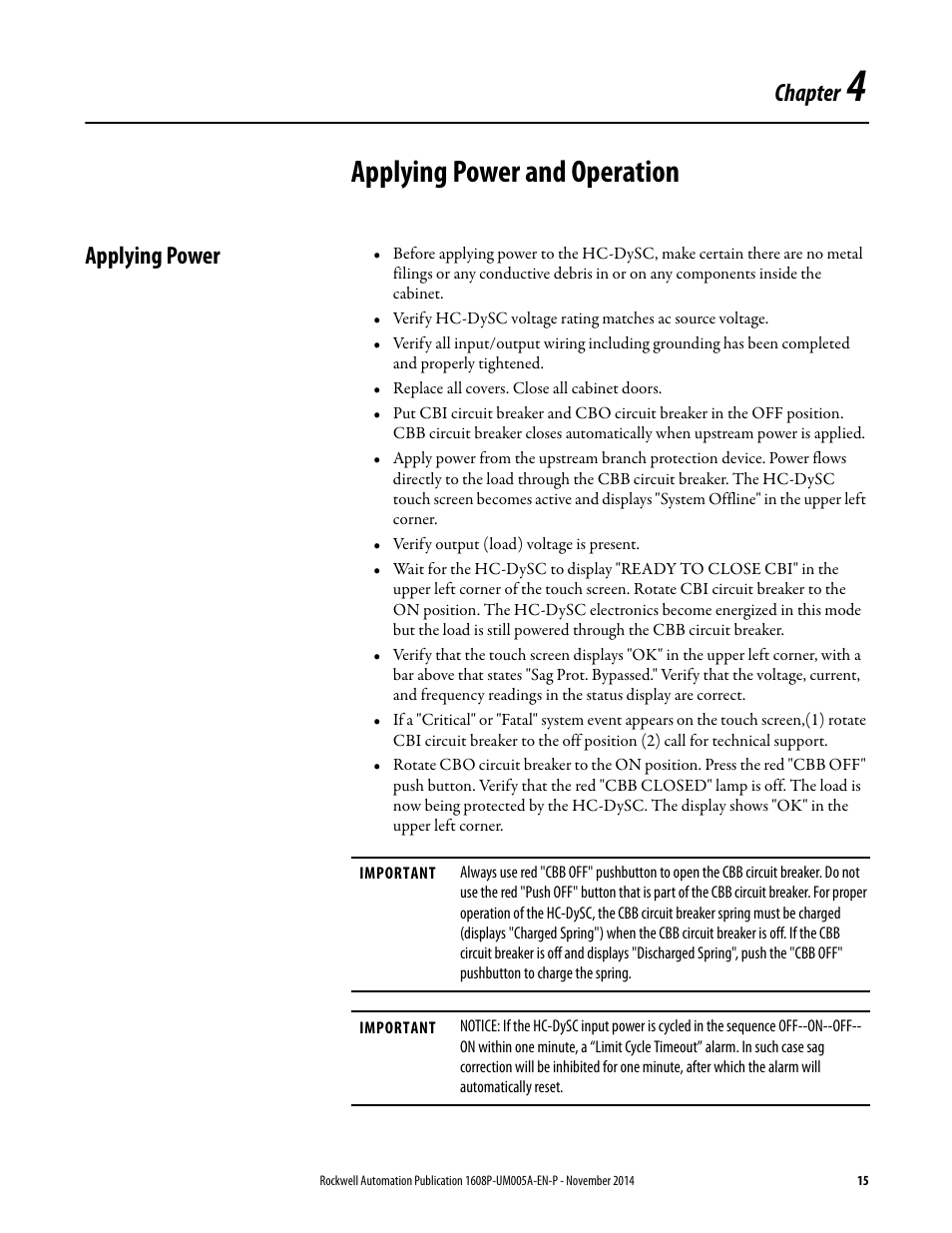 Applying power and operation, Chapter, Applying power | Rockwell Automation 1608P-200A480V... HC-DySC User Manual User Manual | Page 15 / 45