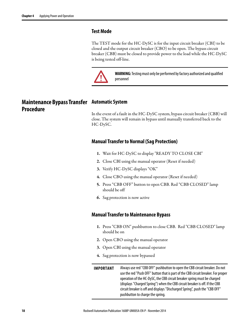 Maintenance bypass transfer procedure, Test mode, Automatic system | Manual transfer to normal (sag protection), Manual transfer to maintenance bypass | Rockwell Automation 1608P-200A480V... HC-DySC User Manual User Manual | Page 18 / 45