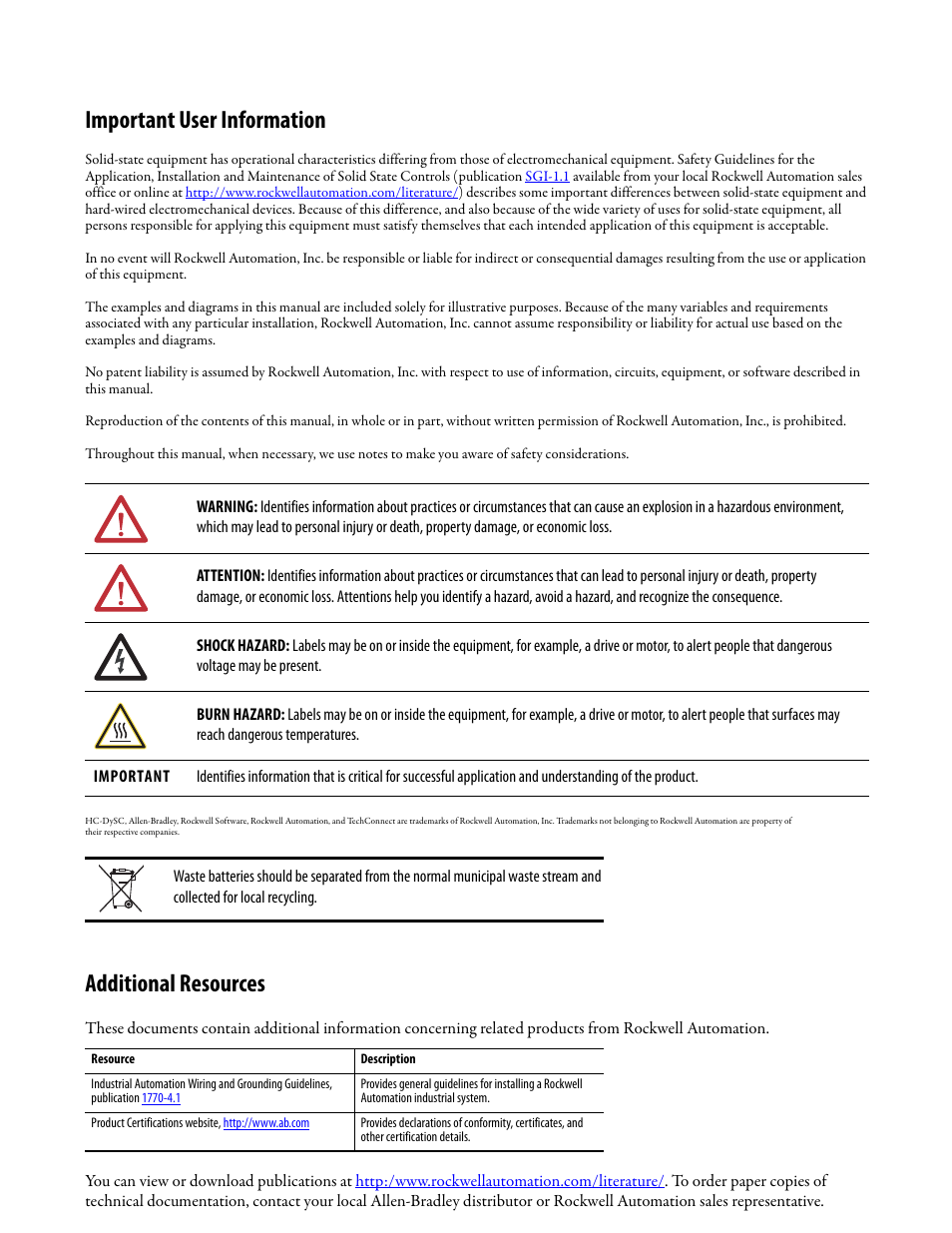 Important user information, Additional resources | Rockwell Automation 1608P-200A480V... HC-DySC User Manual User Manual | Page 2 / 45
