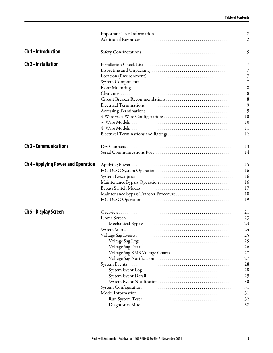 Ch 1 - introduction, Ch 2 - installation, Ch 3 - communications | Ch 4 - applying power and operation, Ch 5 - display screen | Rockwell Automation 1608P-200A480V... HC-DySC User Manual User Manual | Page 3 / 45