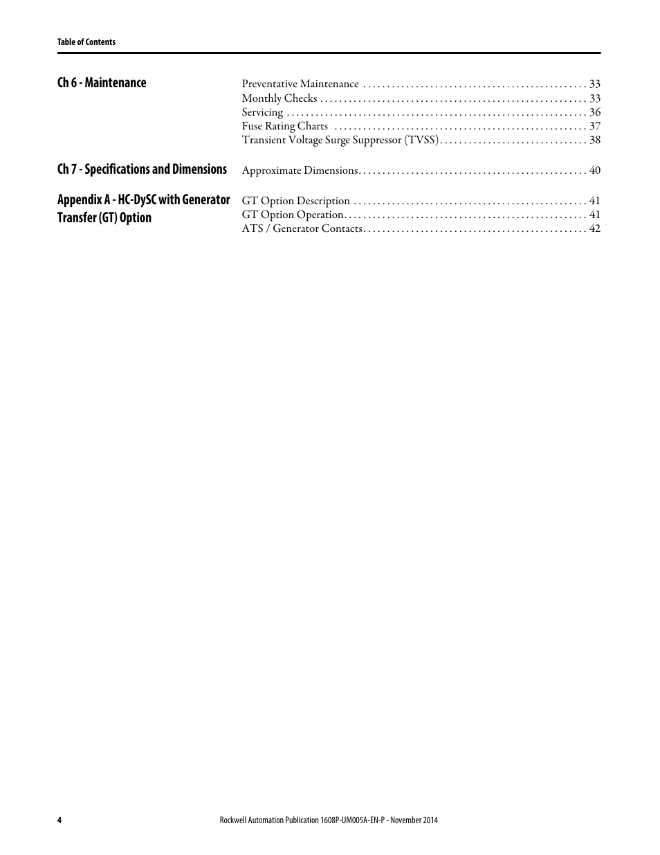 Ch 6 - maintenance, Ch 7 - specifications and dimensions | Rockwell Automation 1608P-200A480V... HC-DySC User Manual User Manual | Page 4 / 45