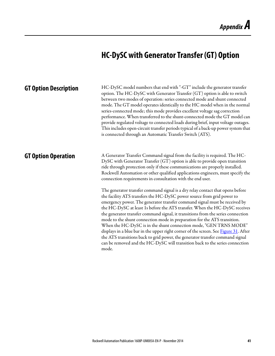 Hc-dysc with generator transfer (gt) option | Rockwell Automation 1608P-200A480V... HC-DySC User Manual User Manual | Page 41 / 45
